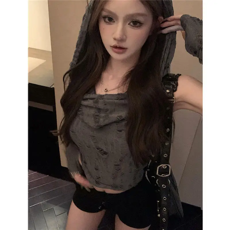Sexy Hollow out Desert Wasteland Style Short Sleeve T-Shirt Women's Hole Punching Hat Vintage Sad Series Top Commute Style