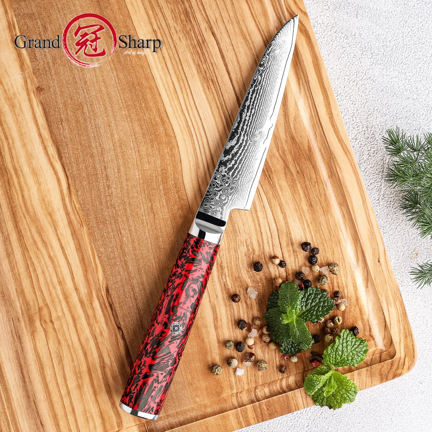 Grandsharp 3.8''Paring Knife 67-layer Damascus Steel Utility Knife S35VN Vegetable Fruit Knife Red Resin+Carbon Fiber Handle