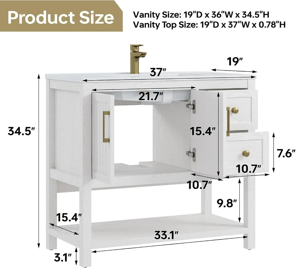 36 Inch Bathroom Vanity with Sink, White