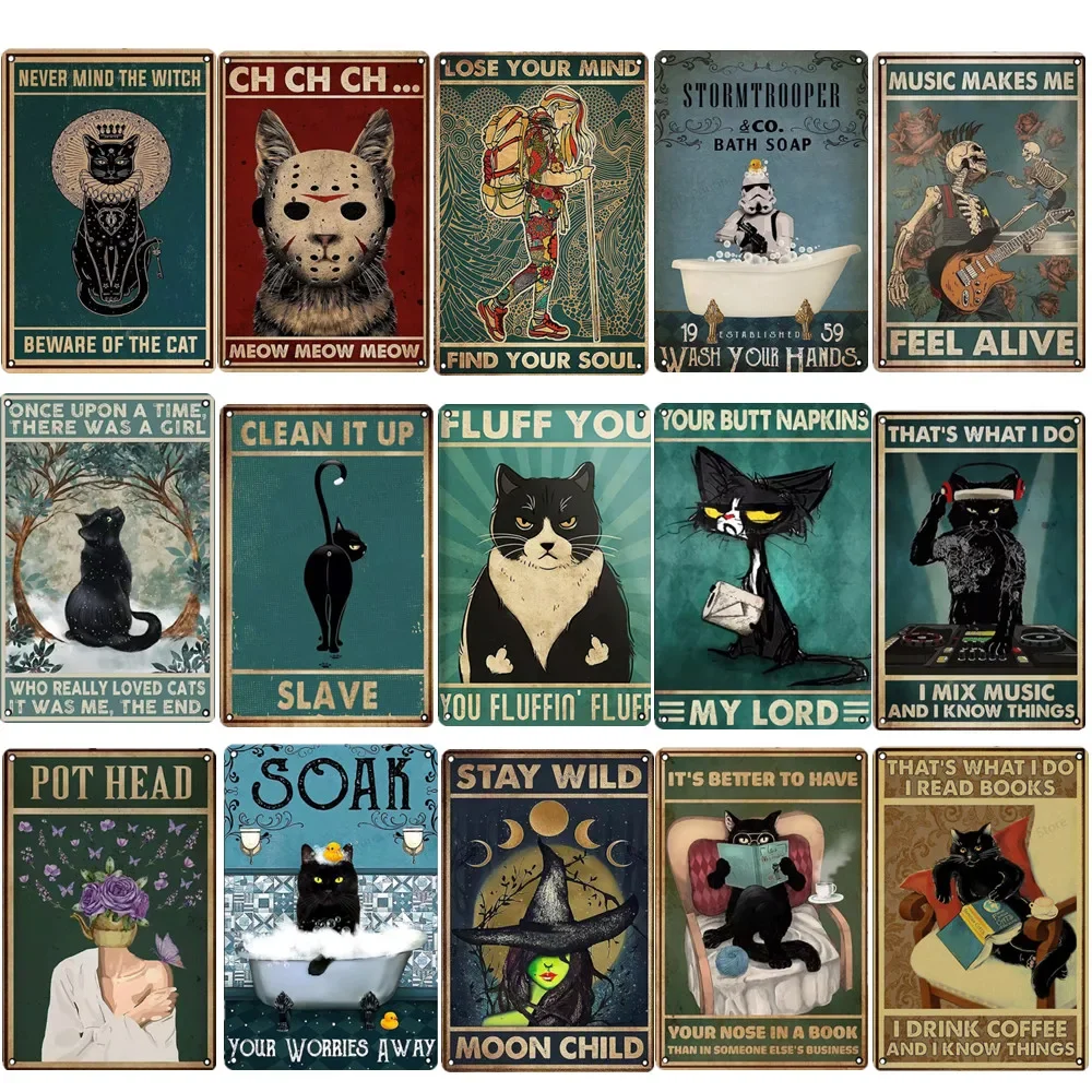 Schwarze Katze Metall Zeichen Roboter Reisen Zinn Malerei Musical Schädel Kunst Poster Für Schlafzimmer Wohnzimmer Zauberstab Dekor