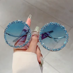 KAMMPT Trendy Retro Crystal Shiny Round Shades Women Ins Brand Design Sunglasses New Fashion Driving Anti UV Sun Glasses