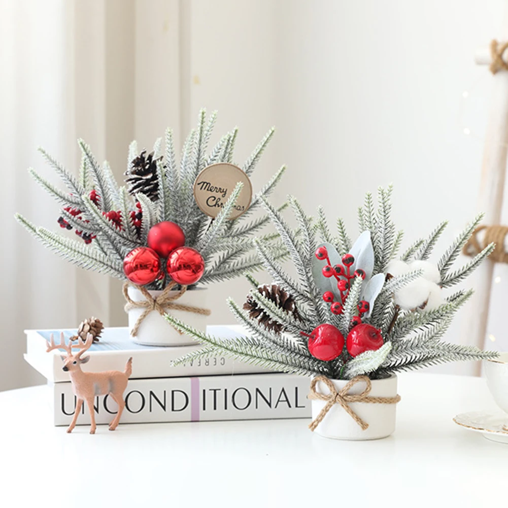 Miniature Pines Tree With Red Berries Versatile Desktop Scene Prop For Cozy Home Christmas Decor