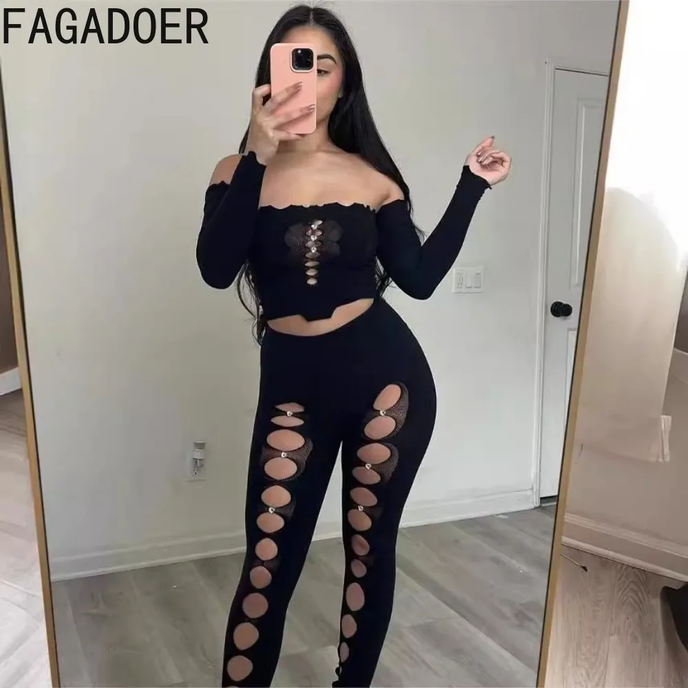 

FAGADOER Sexy Off Shoulder Hollow Out Two Piece Sets Women Long Sleeve Crop Top And Skinny Pants Outfits Fashion Hole Clothing