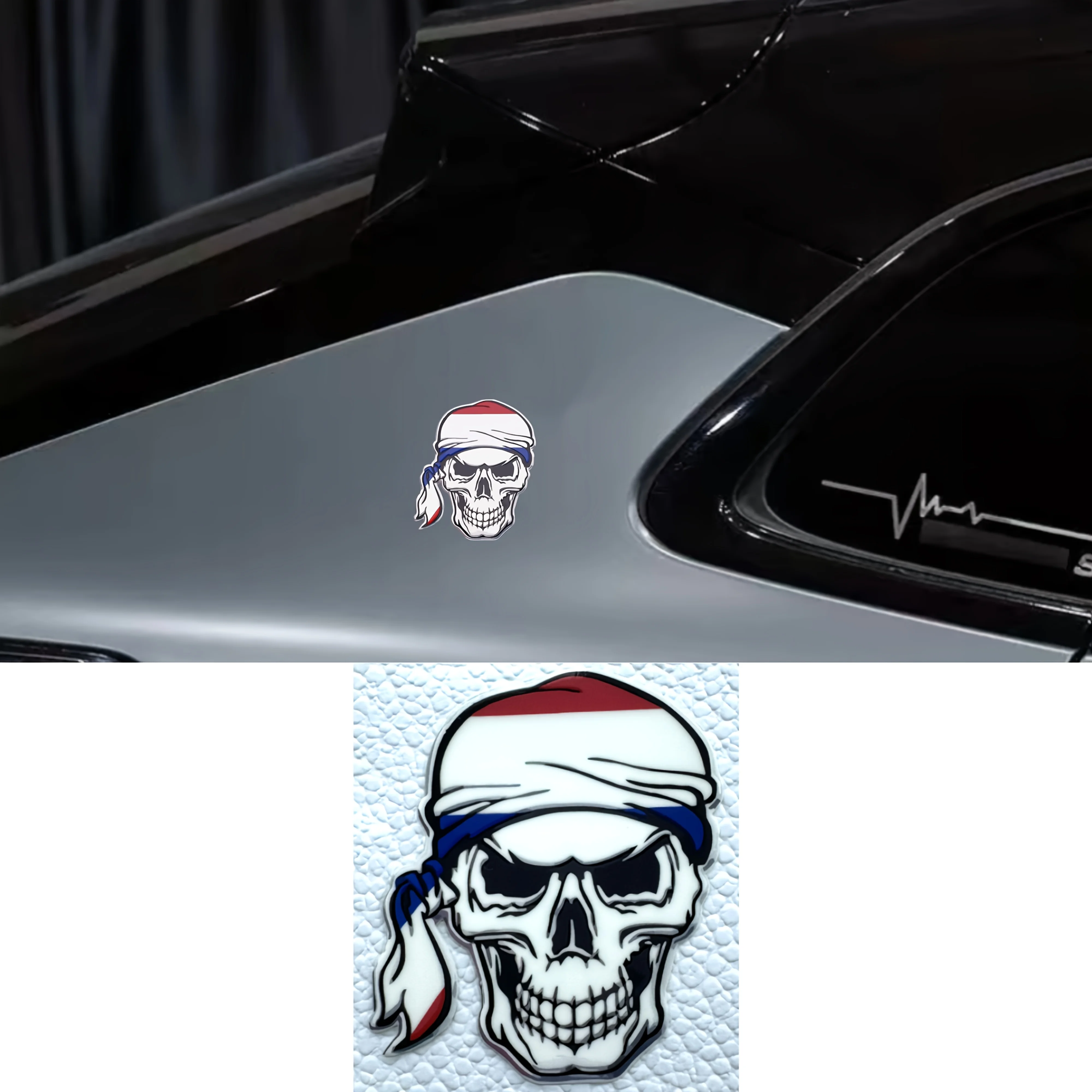 1PC Red-White-Blue Pirate Skull Car Sticker, Unique Auto Accessory for Car Personalization