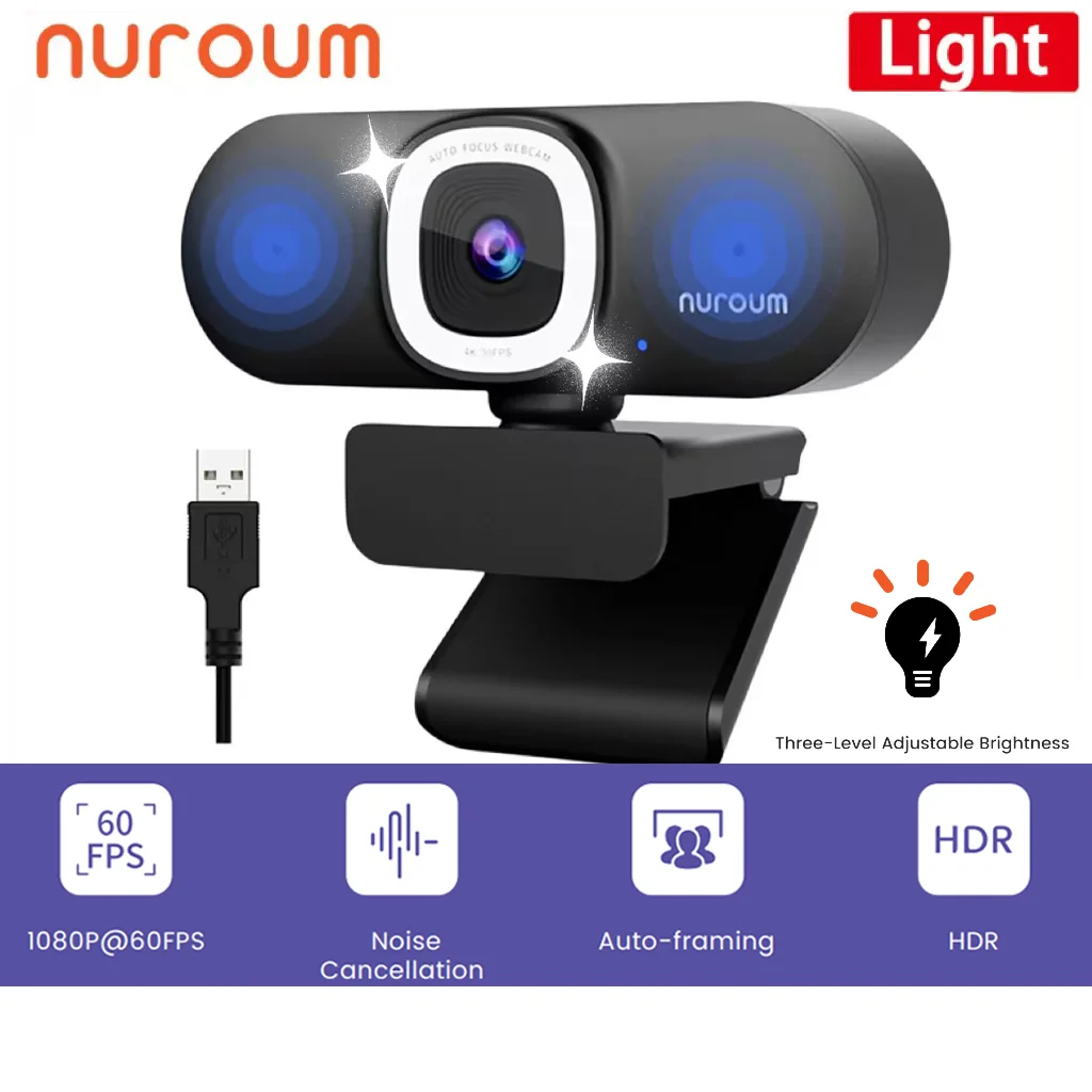 

NUROUM V32AFL 4K Full HD Webcam with Microphone Auto-Focus Auto-Framing Ring Light Web Camera For Conference System