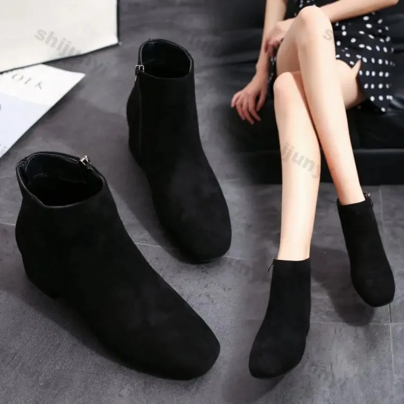 Women Suede Ankle Boots Chunky Heels Autumn New Fashion Mid-heel Shoes Women Trend Snow Boots Elegant Walking Goth Botas Mujer