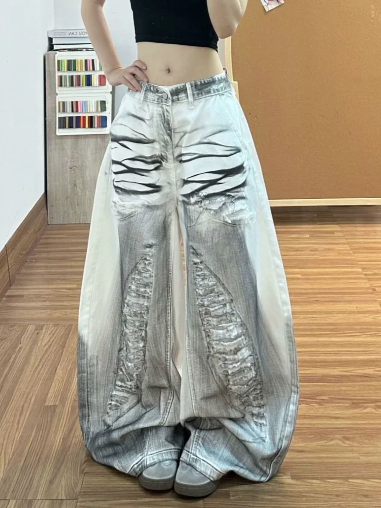 

2026 Ropa Y2K Grunge Dirty Washed White Baggy Women's Ripped Jeans Pants For Woman Clothing Wide Leg Gothic Loose Long Trousers