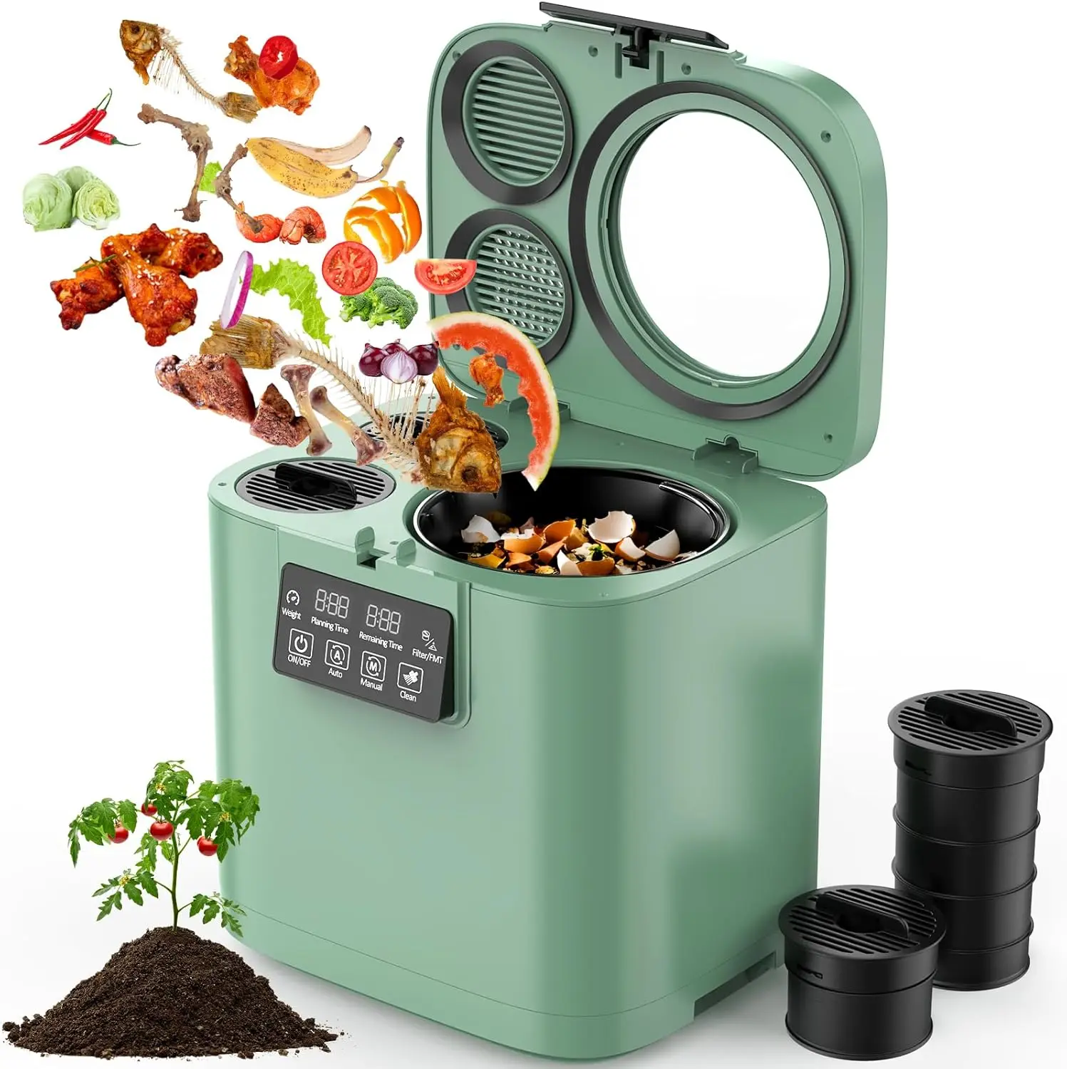 4L Electric Composter for Kitchen, Smart Countertop Compost Bin with Visible Window,Odorless & Low Noise, Auto-Cleaning,Turn