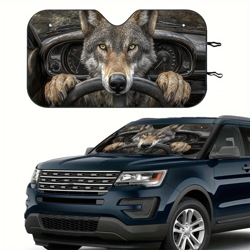 Fun Animal Car Windshield Sunshade, Wolf Pattern Design - Rollable Sunshade, Suitable for SUV RV, Anti-Cooling, Easy Security