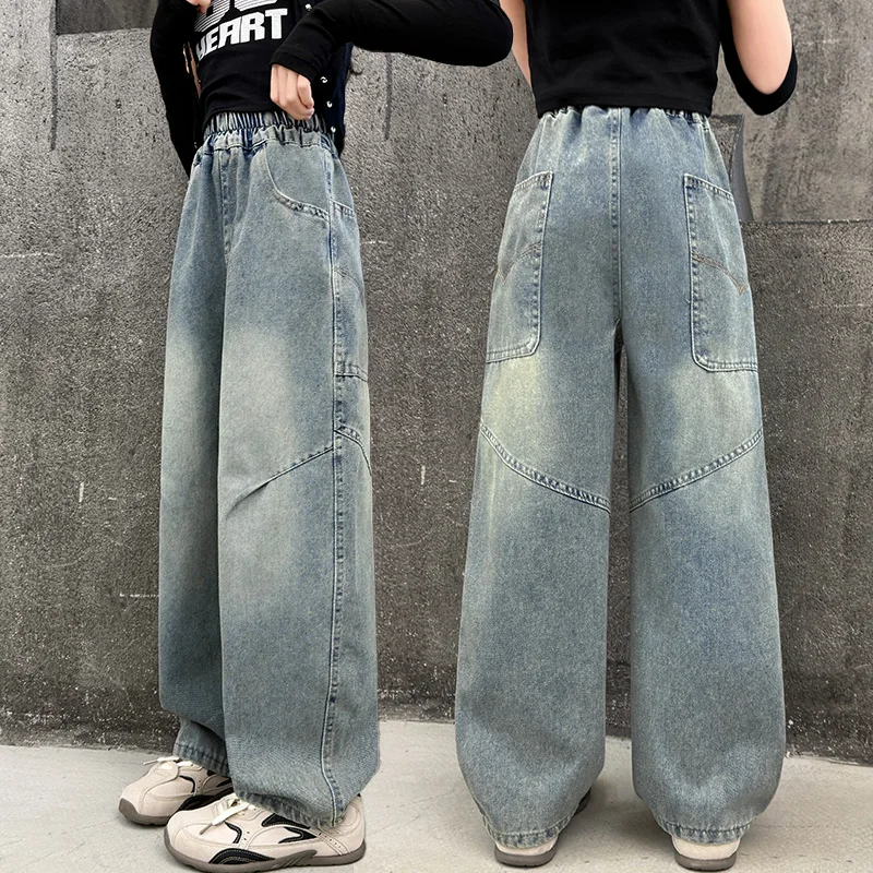 New Fashion Children Curved Jeans for Tween Girls High Fashion Street Carpenter Denim Pants Kids Stylish Jeans Trousers 4-14 Y