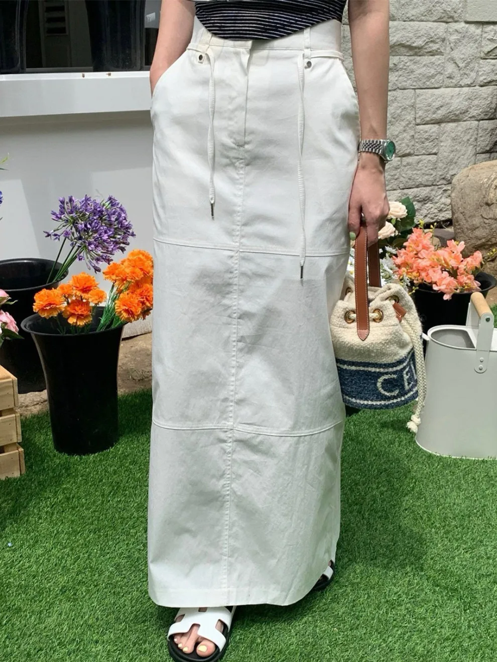 Chic เอวสูง Dstring กระโปรงทํางานยาว f-ความยาวผู้หญิง Faion ฤดูร้อนอเนกประสงค์ Slimming Ba แยกกระโปรงลําลอง