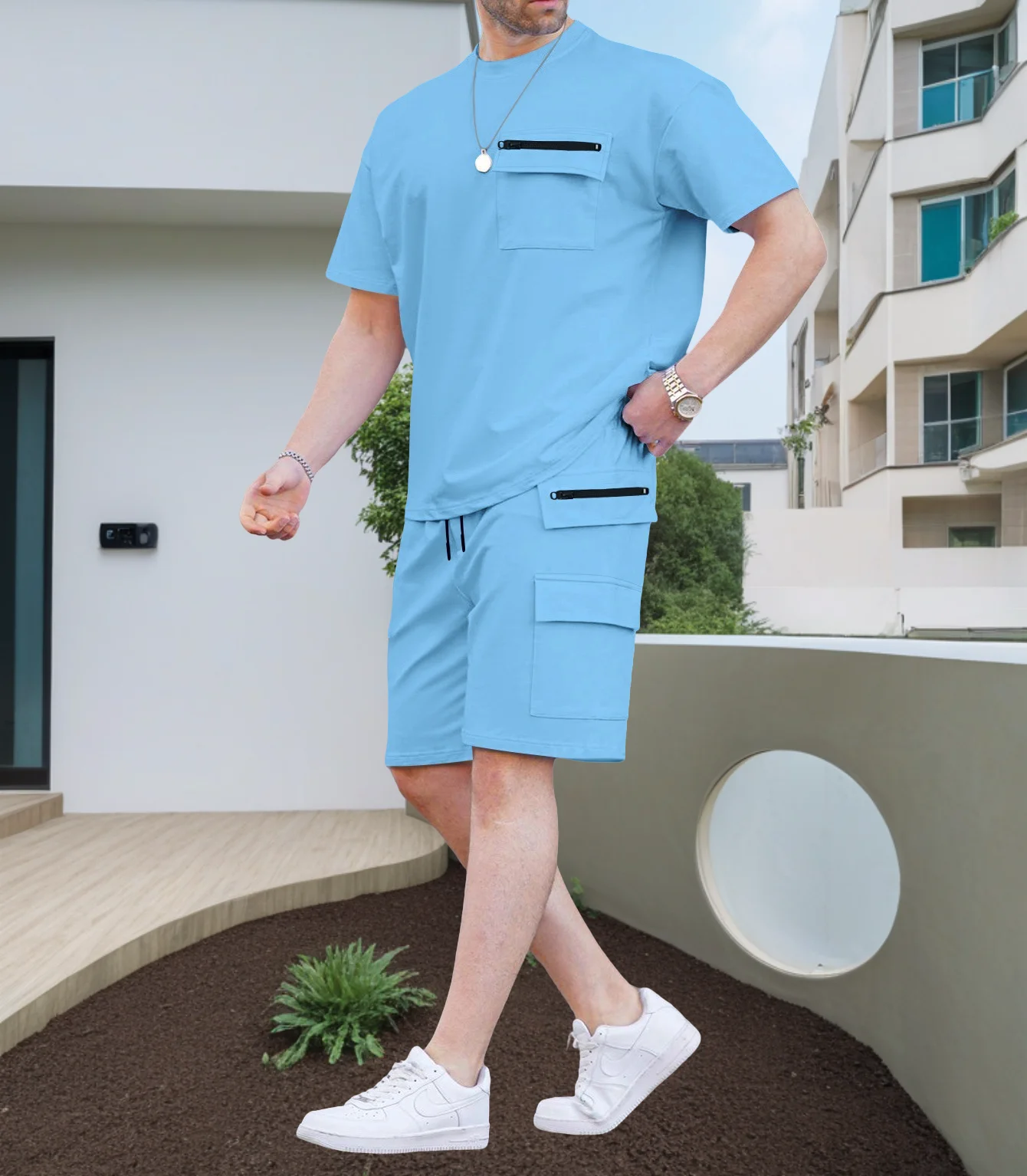 Men's T-shirt, Short-Sleeved, Summer Men's Two-Piece set, Pocket Accessories, Summer Fashionable High Street Polo Suit