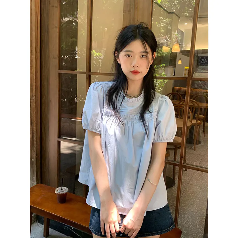 

Летняя женская блузка с коротким рукавом-фонариком, элегантная, красивая, в уличном стиле, однотонная, свободного кроя