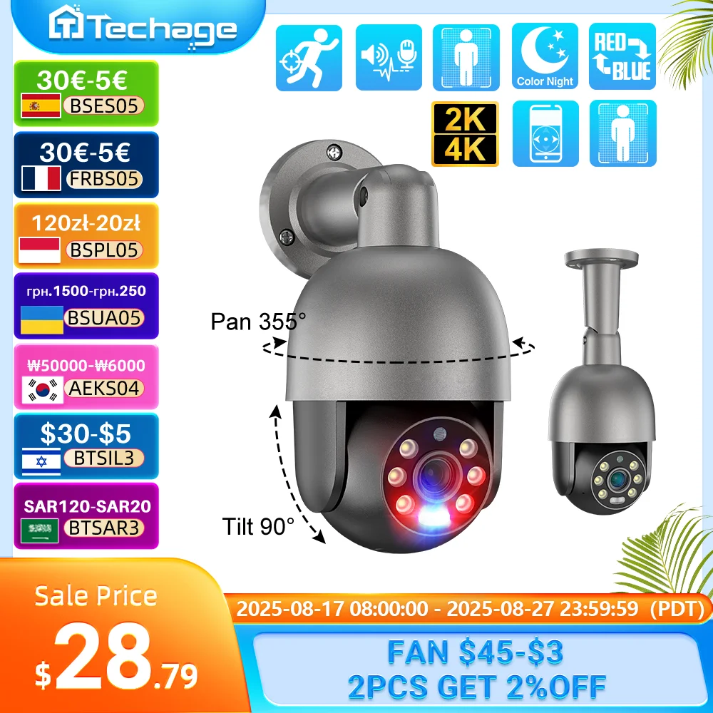 Techage 5MP 8MP PoE PTZ Telecamera IP Esterna Impermeabile 2 Vie Audio Telecamera AI Rilevazione Umana Telecamera di Sicurezza Xmeye per Sistema NVR