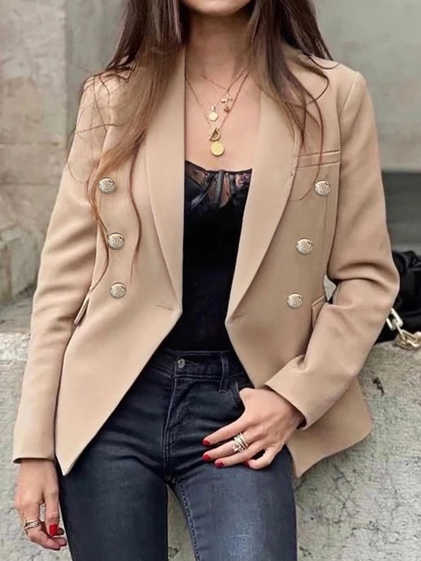 

Women's Elegant Business Blazer Solid Color Lapel Long Sleeve Double Breasted Regular Fit Office Jacket for Autumn