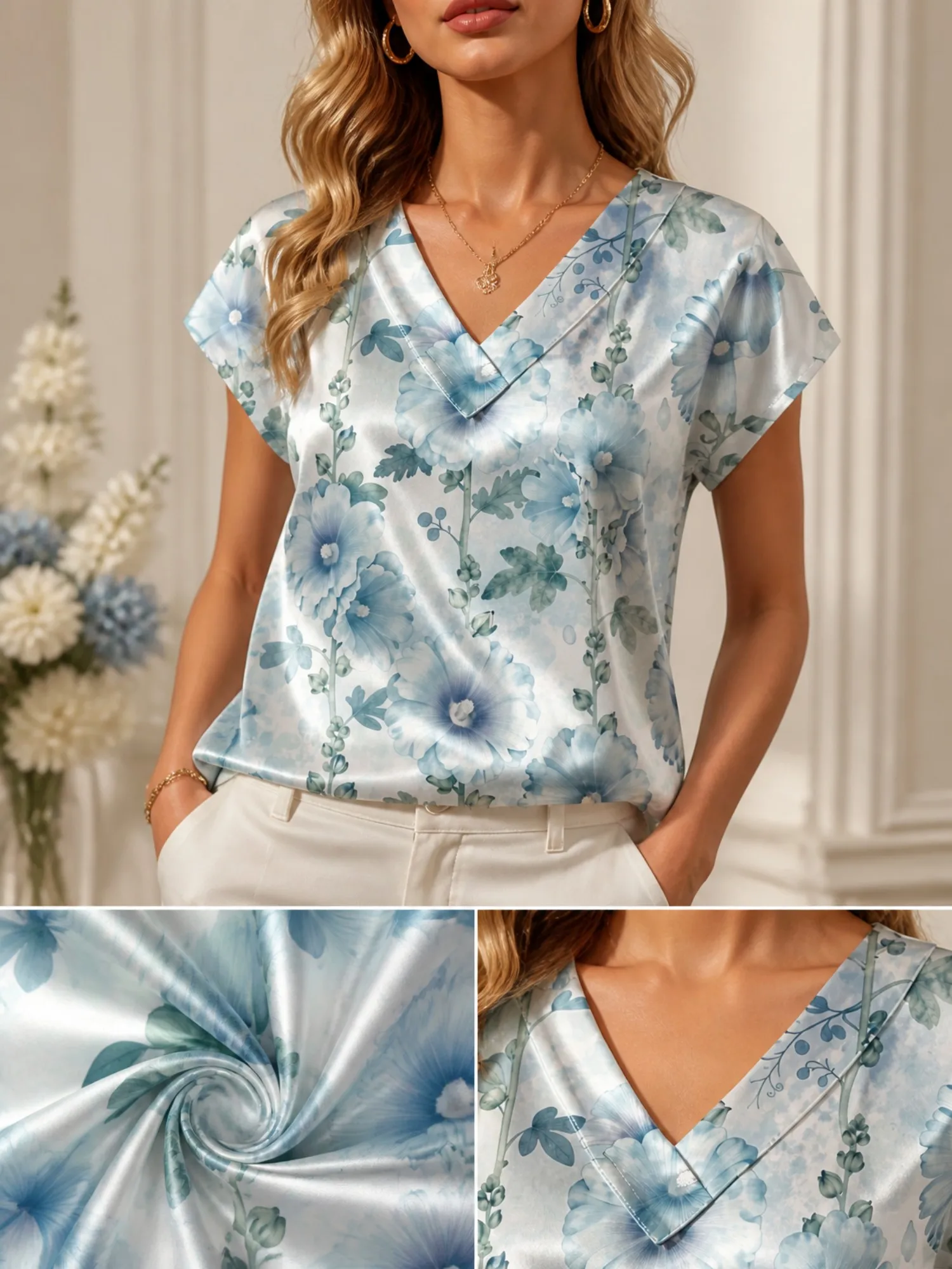 Floral Satin V Neck Top for Women Cap Sleeve Smooth Draped Fit Silky Relaxed Beach Party Wear Lightweight Breathable Modern Airy