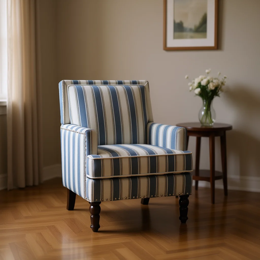 Padded trim, blue and white striped linen, vintage living room chair
