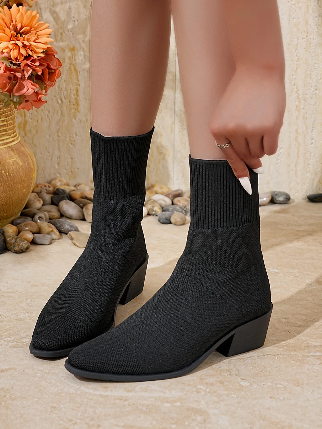 Sexy Spitzschuh, dicker Absatz, Sockenstiefel für Damen, 2025, Winter, bunt, elastisch, gestrickt, Designer-Stiefeletten, kurze Stiefeletten für Damen – Detail 3