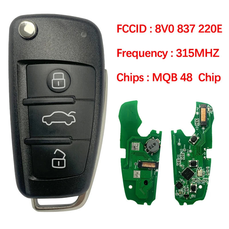 Aftermarke 3 Botão Smart Key, Keyless Remote Flip Fob, 315 MHz, MQB, 48 Chip, FCCID, 8V0, 837, 220 E, CN008099, para A-udi A3, S3, 2012-2017