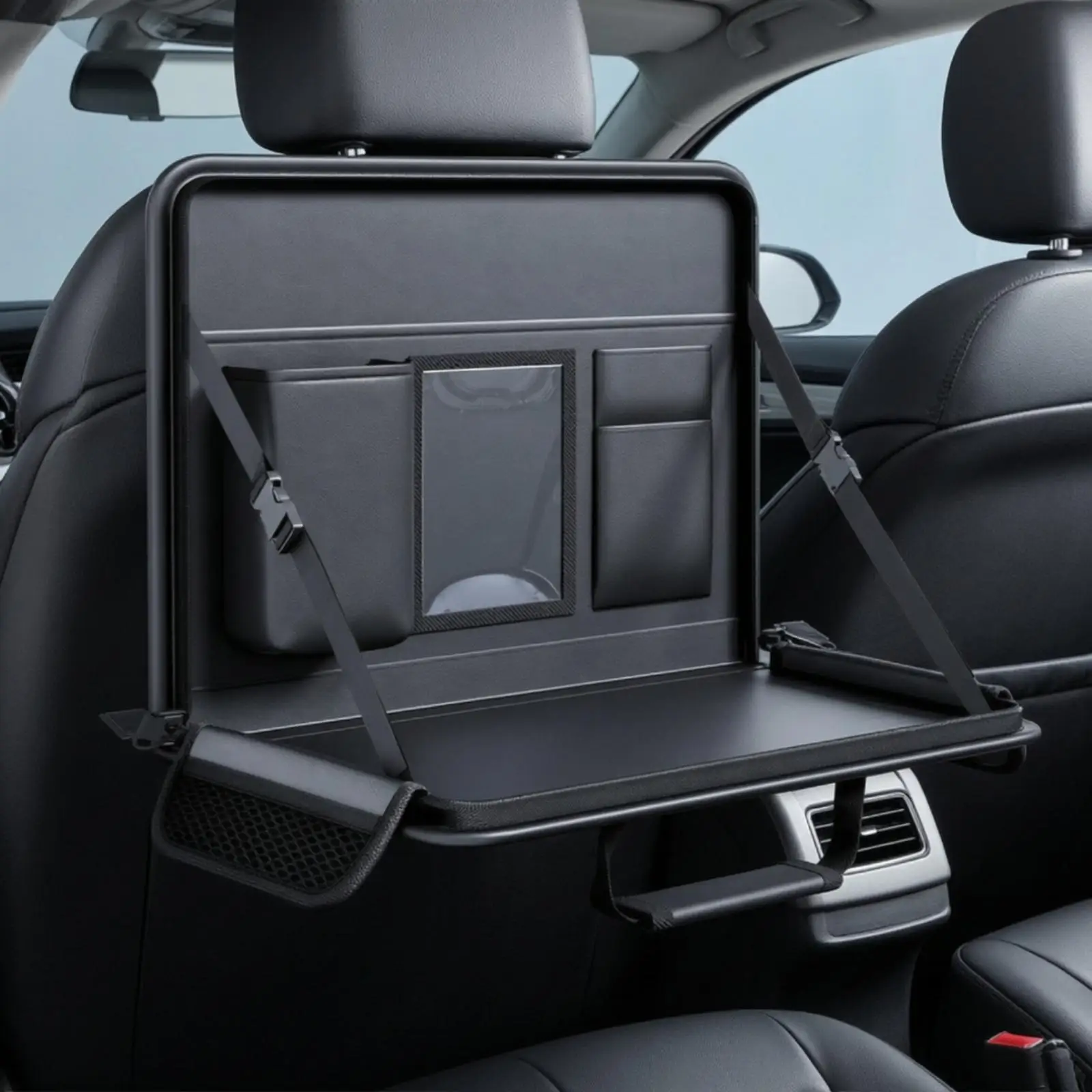 Folding Car Desk Board for Steering Wheel Leather Sponge Tray with Storage Pockets Phone Slot for Laptop Meal Break - view 3