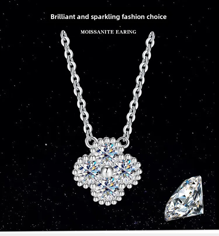 

Four Leaf Clover Necklace: 1.2CT D Color Moissanite Lucky Pendant, S925 Silver White Gold Plated Women's Jewelry