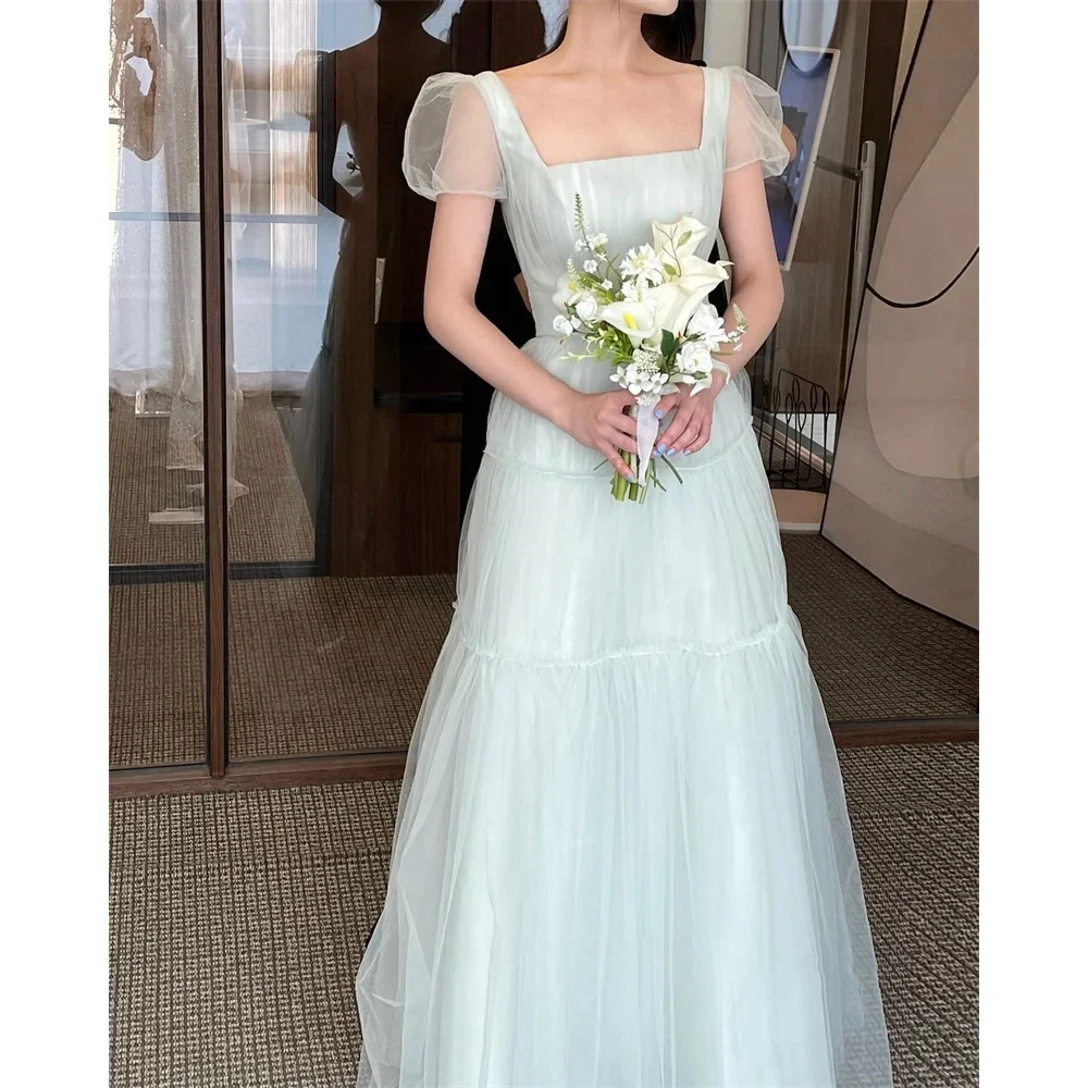 Light Green Fairy Tulle A-Line Wedding Dress Puff Short Sleeves Prom Dresses Floor Length Bridal Party Dresses For Korean Women