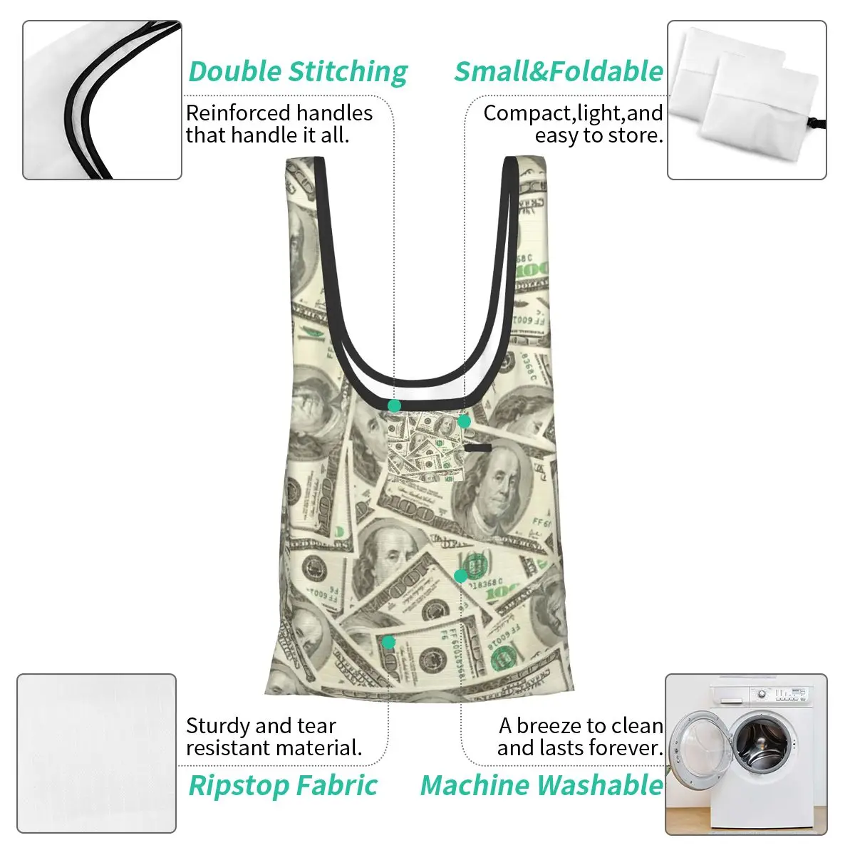 

Сумка для покупок с банкнотами в долларах США, портативные сумки-тоут, складная сумка-шоппер на плечо, продуктовая сумка