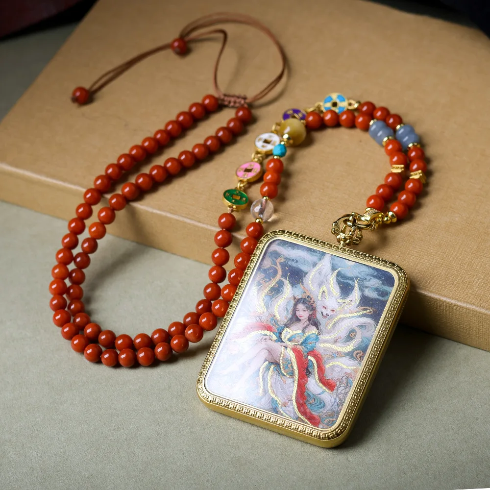 Hand-painted gold nine-tailed fox thangka colour-retaining plating pendant nanhong agate five roads god of wealth necklace