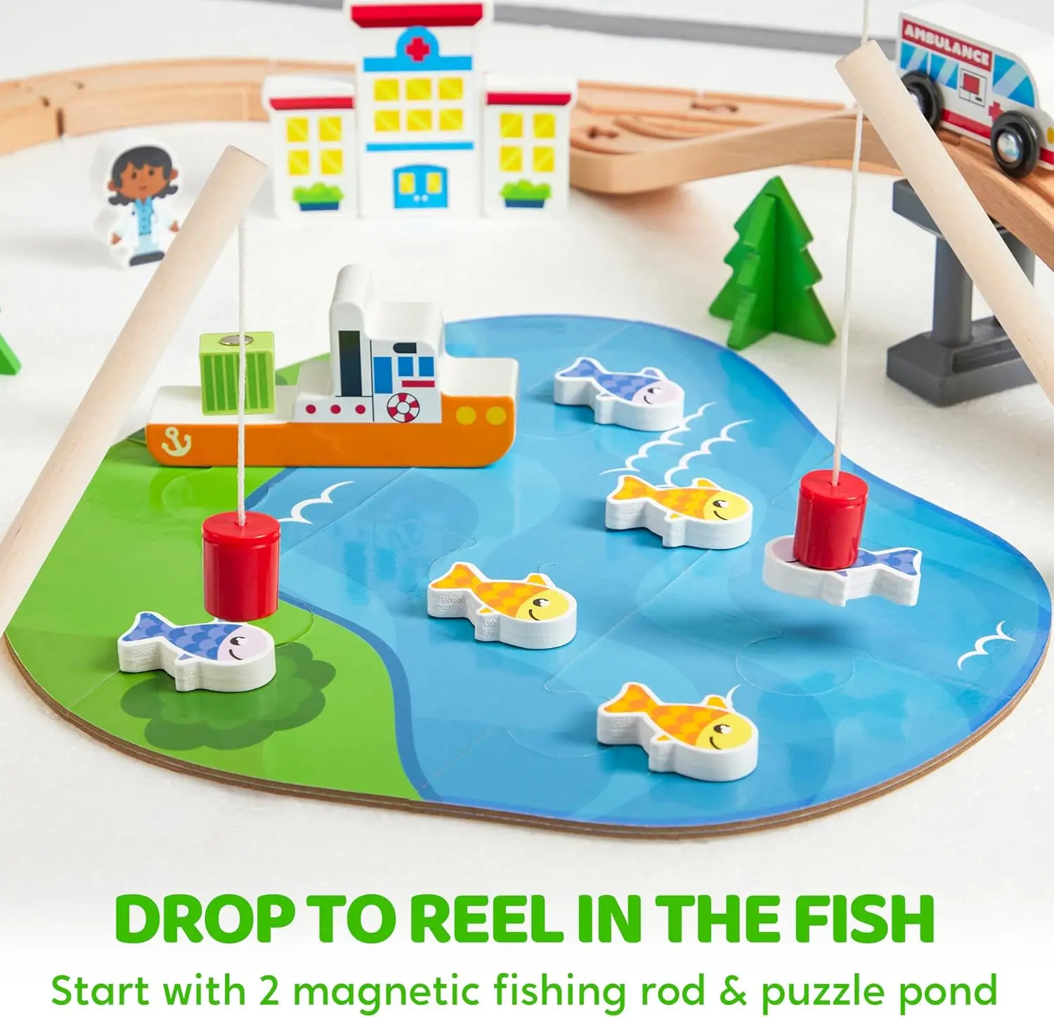 110PCS 나무 기차 세트 - 어린이용 자석 기차와 나무 트랙 세트, 3-8세용, 도시 풍경 철도 세트, 완벽한 크리스마스 선물