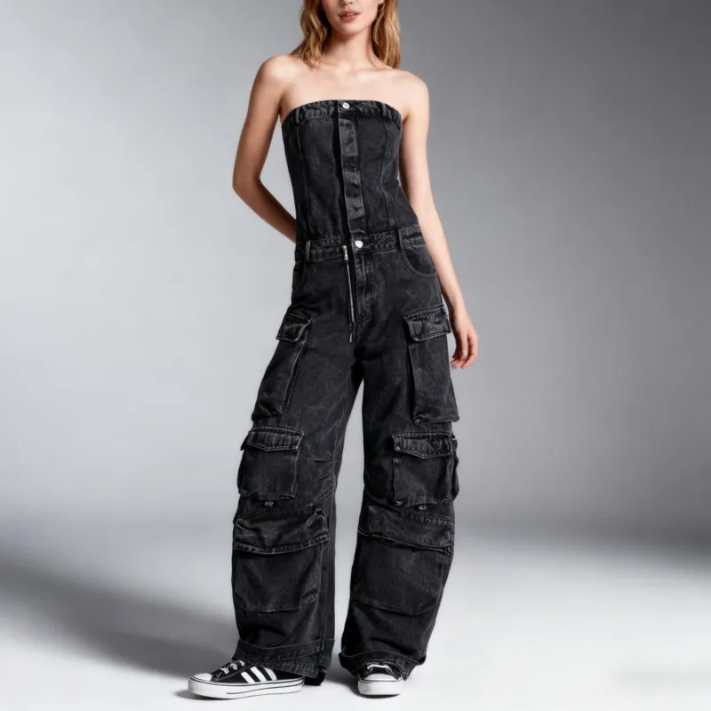 HKSH Women Chic Denim Jumpsuit Strapless Sleeveless Slim Fit Multi-pocket Safari Style Retro Y2K Pants New Spring Summer HK20367