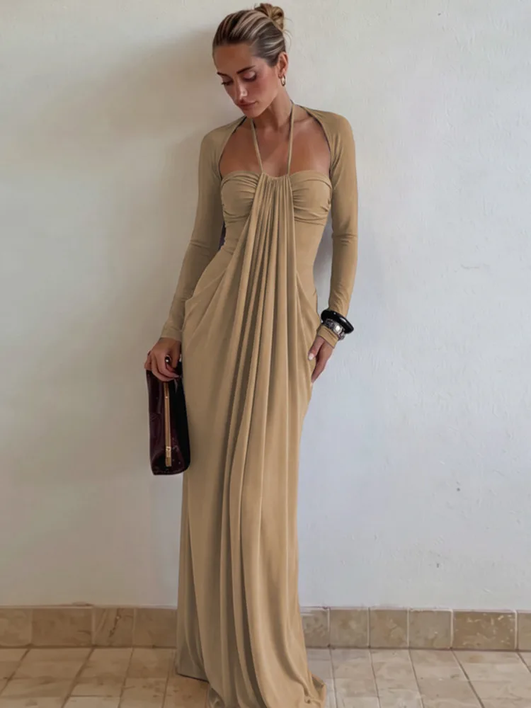 Mozision Women Halter Neck Backless Sexy Maxi Dress Long Sleeve Draped Pleated Elegant Wedding Guest Evening Party Long Dress