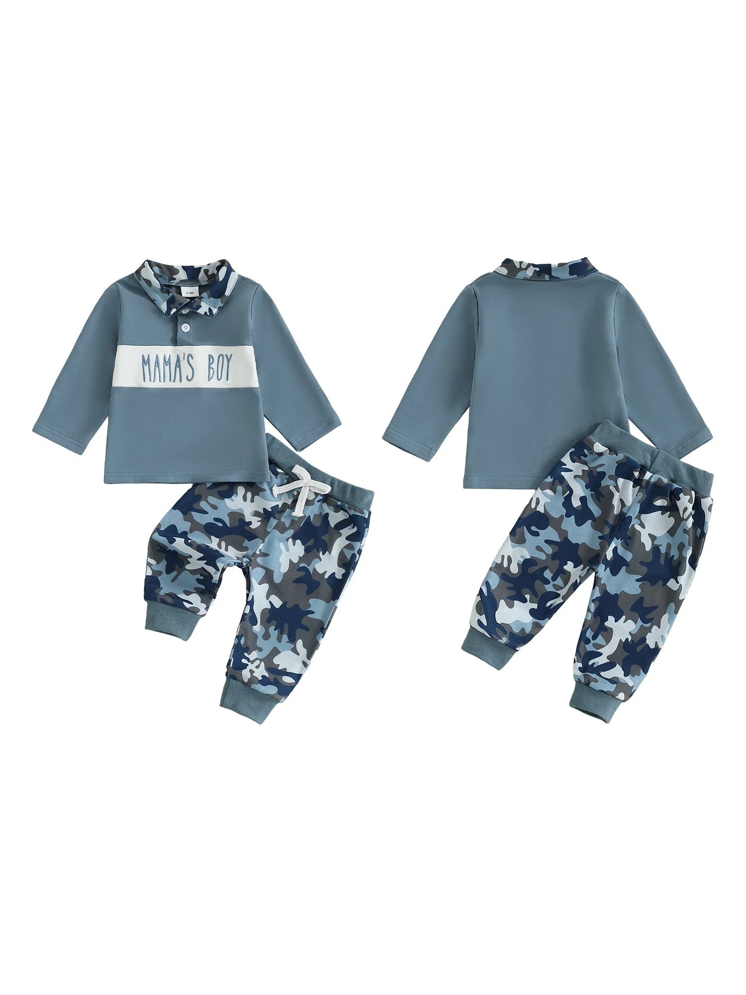 

Boys Winter 2Pcs Outfits Long Sleeve Lapel Logo Print Tops Solid Color Pants Sets Warm Clothing Sets for Kids