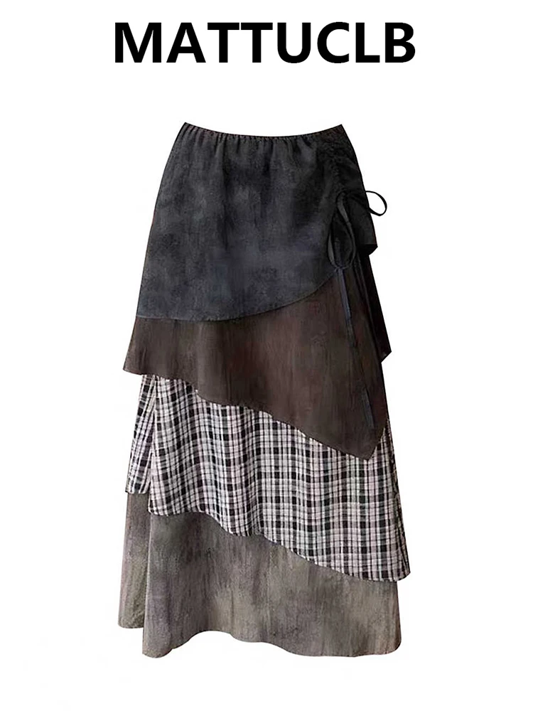 Women Korean 2000s Aesthetic Maxi Skirt Patchwork American Retro Y2k Harajuku Design Party Evening Mori Girl High Street New In