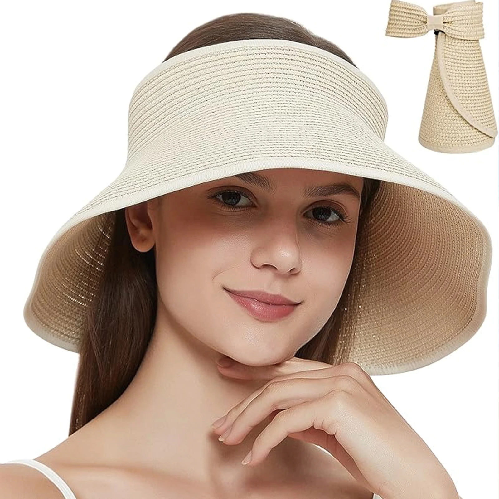 

Women's Sun Visor Hats Wide Brim Straw Beach Hat Ponytail Hats for Women Foldable Floppy