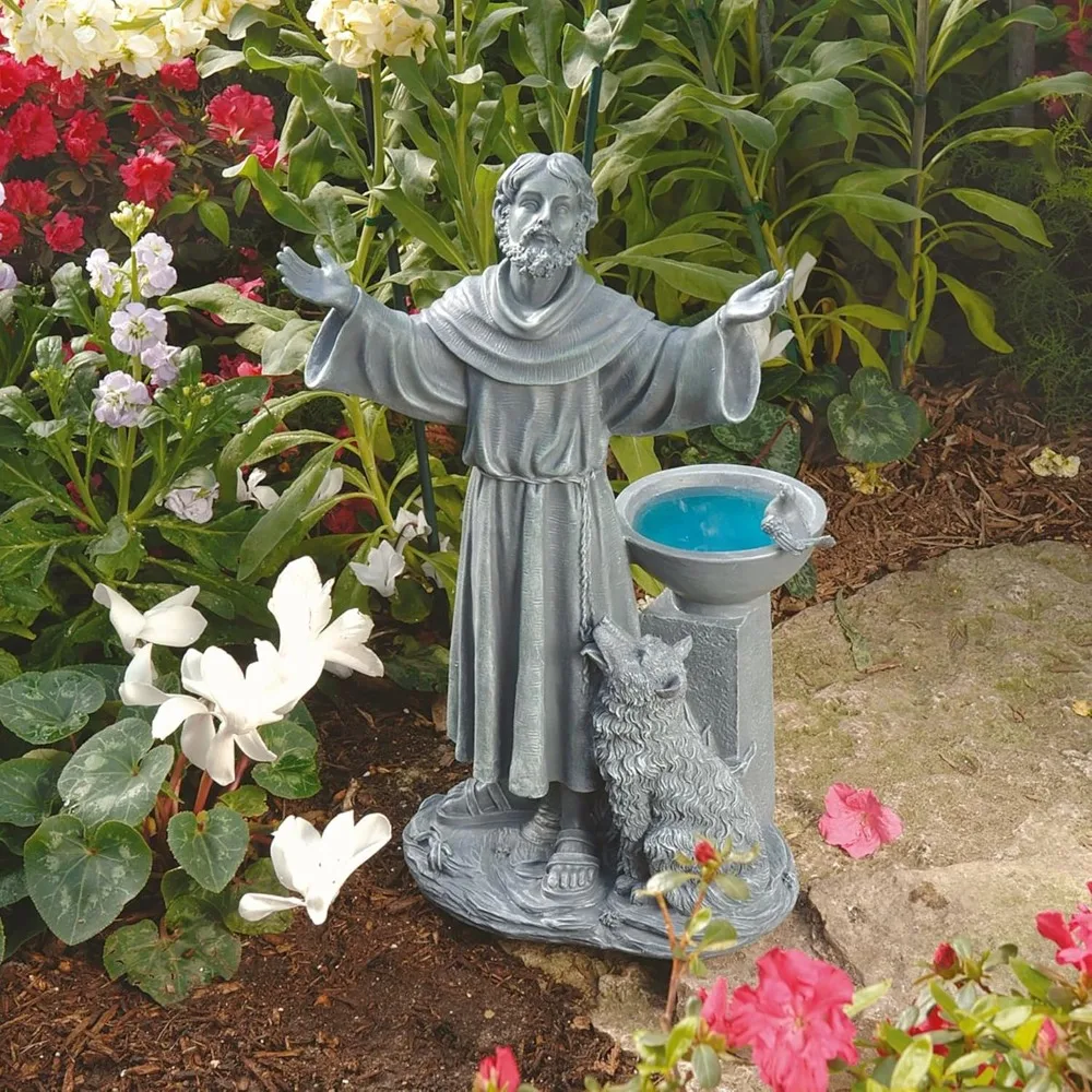 

Upgraded version Francis of Assisi Blessing Religious Garden Decor Statue with Bird Bath Feeder, Cast Stone Resin