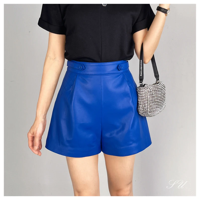 

Fashion 2023 Real Sheepskin Leather Shorts Women Casual Genuine Leather Shorts Versatile Belt decoration Sapphire Blue A-line