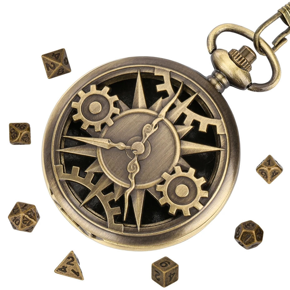 Retro Table Game Bronze Hollow Gear Pocket Watch Case with Antique Waist Hook Chain with Vintage 7PCS Metal Polyhedral Dice