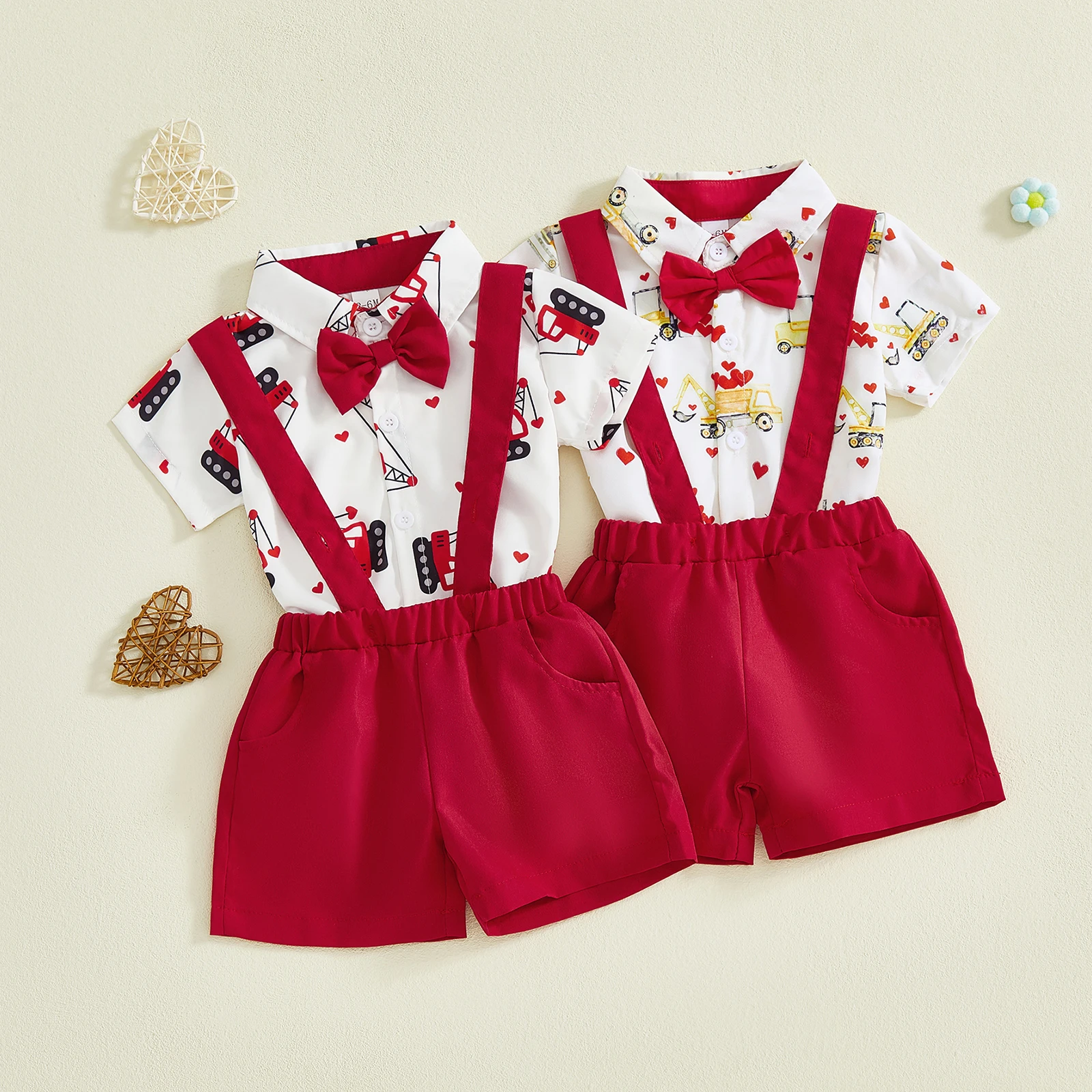 طقم شورت رسمي لطيف للأطفال الأولاد رومبير مطبوع عليه حفارة مع شورت عام صلب ملابس للأولاد في عيد الحب #2