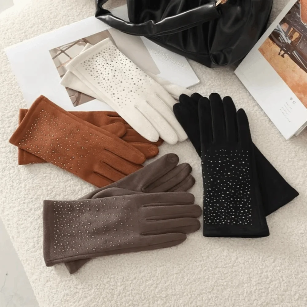 

Fashion Elegant Suede Gloves Windproof Elasticity Hot Diamonds Gloves Thickened Warm Touch Screen Gloves Autumn Winter for Women