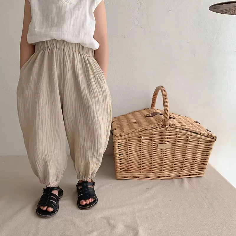 

Children's 100% Cotton Trousers Double Gauze Spring Summer New Boys And Girls Casual Japanese Solid Pants Baby Bloomers，221893