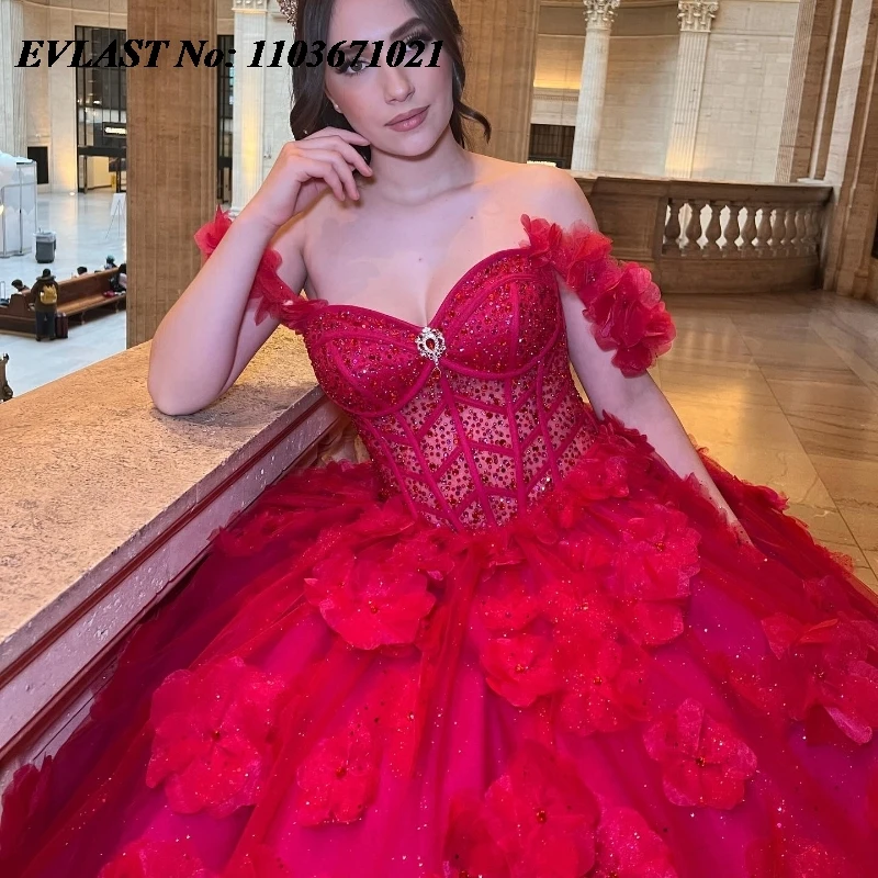 Evlast Rode Baljurk Quinceanera Jurk Off Shoulder 3d Bloemen Applique Kralen Corset Mexican Sweet 16 Vestidos De Xv Anos Sq309