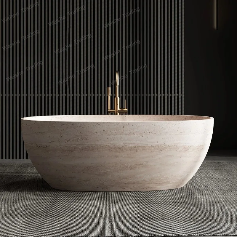

Artificial Stone Freestanding Bathtub, 1.7m Egg-Shaped Double Soaking Tub with Artistic Veins, Stain-Resistant&Durable for Villa