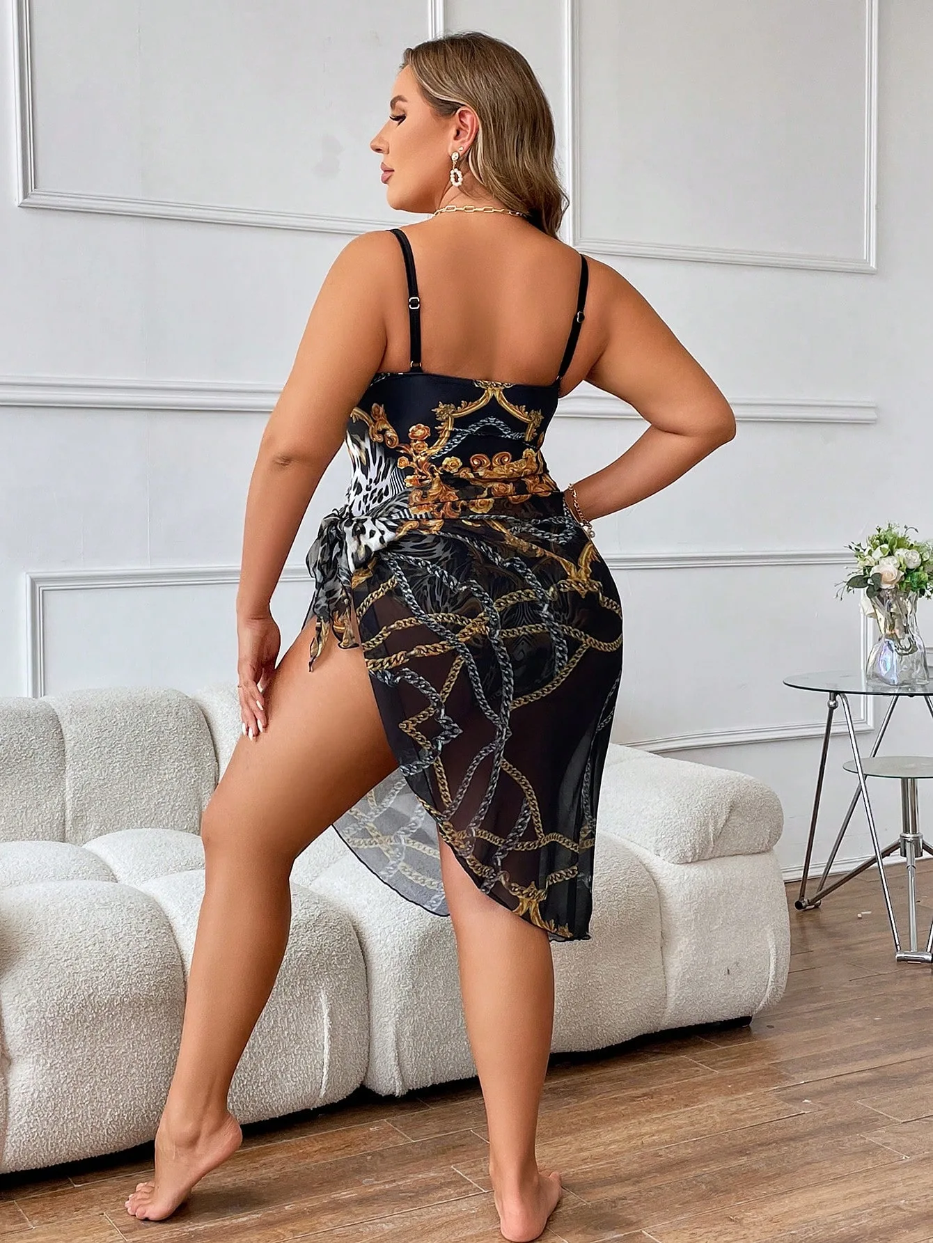 Women's Plus Size Swimsuits Vintage Printed Tummy Control One Piece Monokini And Beach Cover-Ups Wrap Skirt Swimming Suit