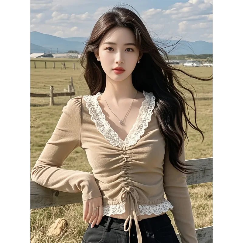 Spitze Spleißen V-ausschnitt Bodenbildung Shirt für Frauen Neue Herbst Winter Innere Lange ärmeln Kurze Einzigartige Chic Top