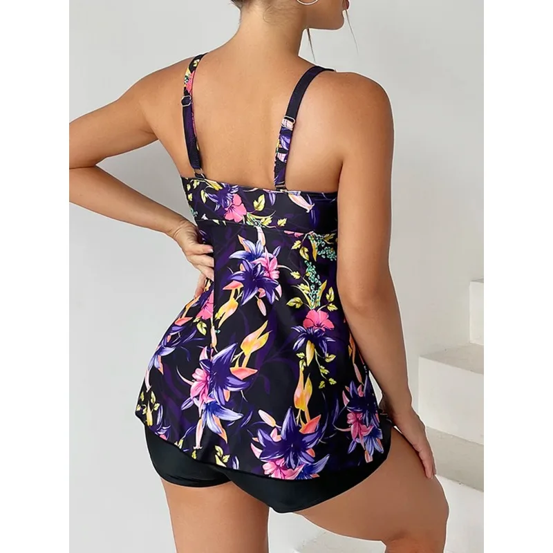 Floral impresso tankini conjunto de duas peças maiô feminino cordão cintura alta biquinis maiô feminino beachwear natação verão