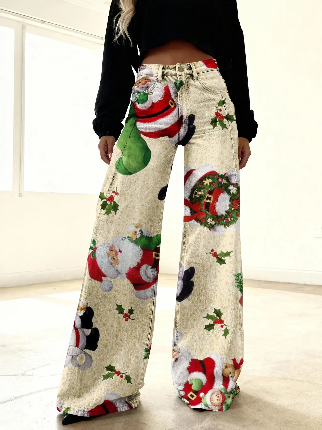 2026 Women's new casual jeans with a variety of colorful western prints, Featuring 3D Christmas snowman and candy cane print