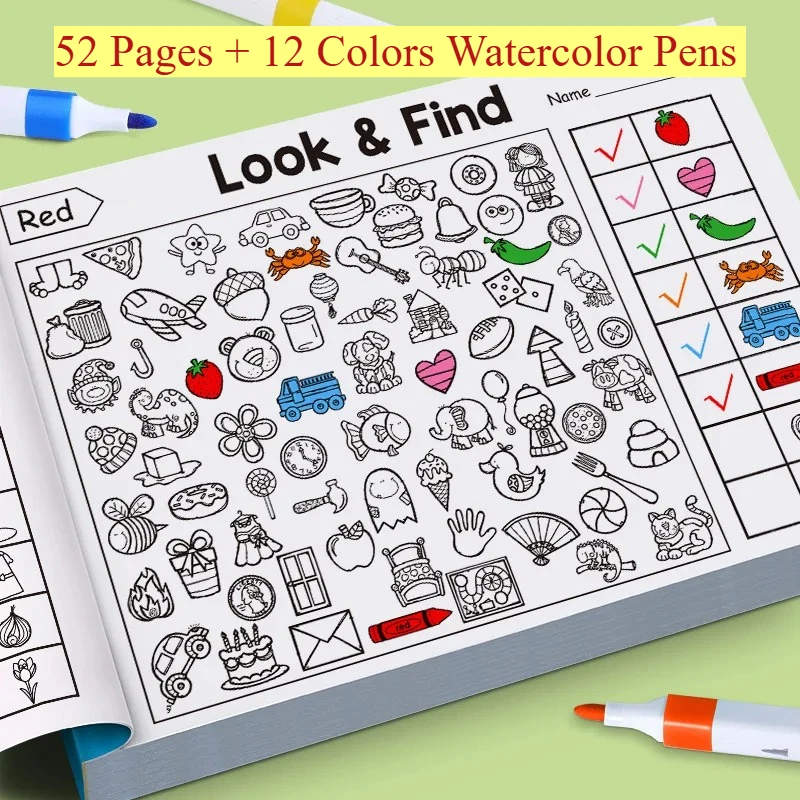

Kids Search and Find Game Book, Fun Coloring Book Enhance Visual Perception, Focus Attention Handwriting Practice Workbook