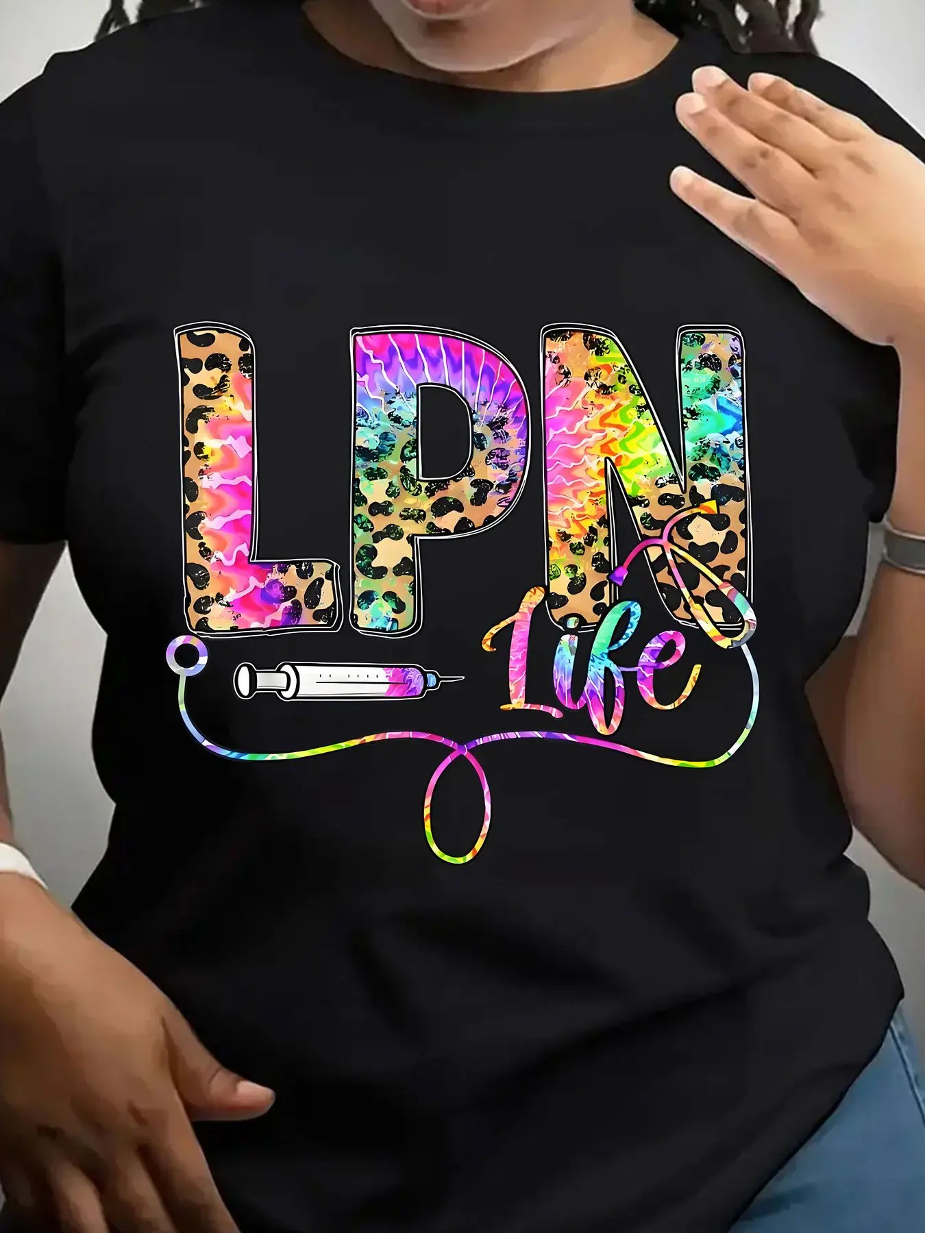 Women's Trendy Crew Neck T-Shirt Lpn Life Leopard Tie Dye Suitable for Casual Sportswear