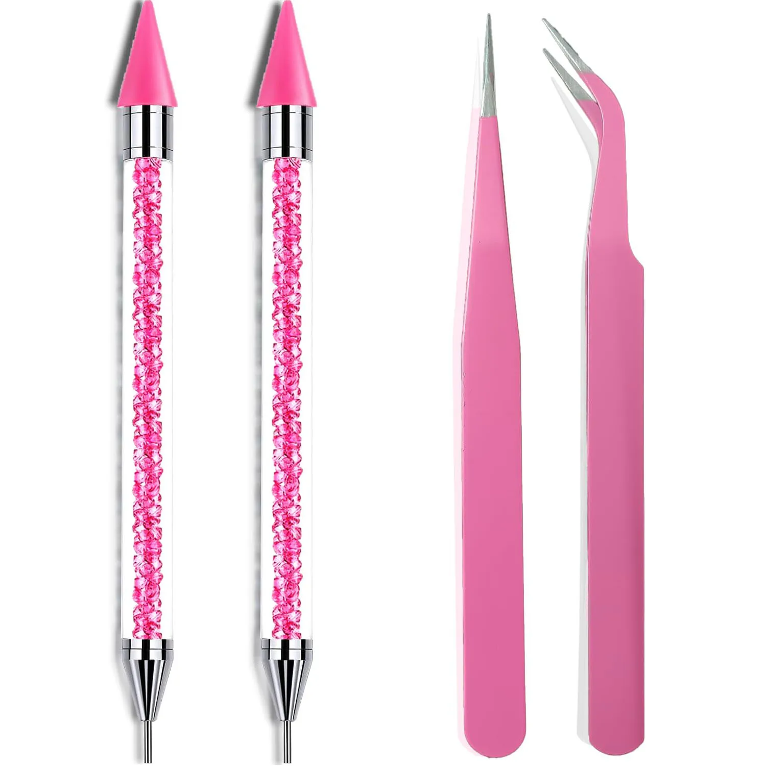 4 Pink Rhinestone Picker Tool Set 2Pcs Dual-Head Wax Pens 2 Tweezers Wax Pencil for Nail Art Crystal Diamond Pickup