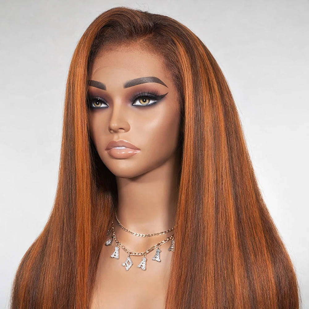 

13x4 HD Lace Frontal Human Hair Wigs Kinky Straight Piano Colored Highlight 4/350 Ginger Brown 5x5 Lace Human Hair Wig For Woman